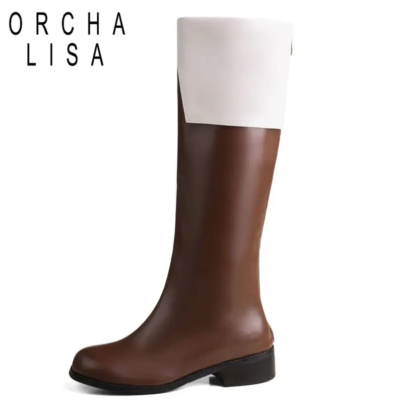 ORCHALISA Retro Female Knee High Boots Round Toe Block Heels Zipper Mixed Color Plus Size 46 47 48 Leisure Soft Riding Booties