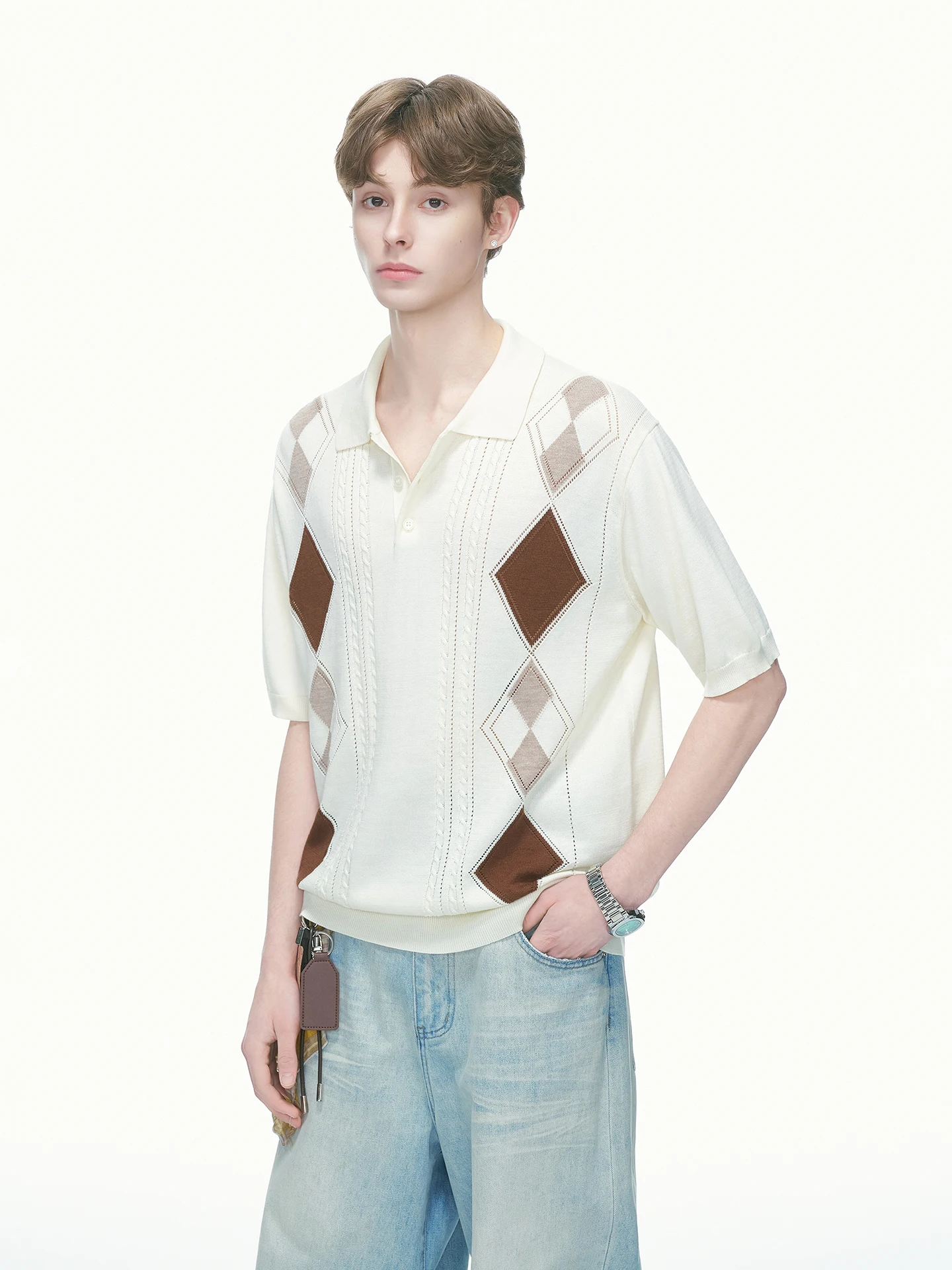 Dream Made Men's Summer Short Sleeve T-Shirt Wool Blend Knitted Hollow out Wheat Ear Pattern Loose Fit Commute Style