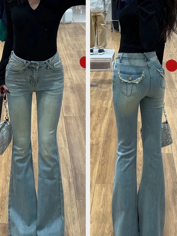 

Spring 2025 Faion High Waist Slim Fit Bell Bot Denim Skinnies Women's Blue Waed out Jeans Long Pants All Seasons