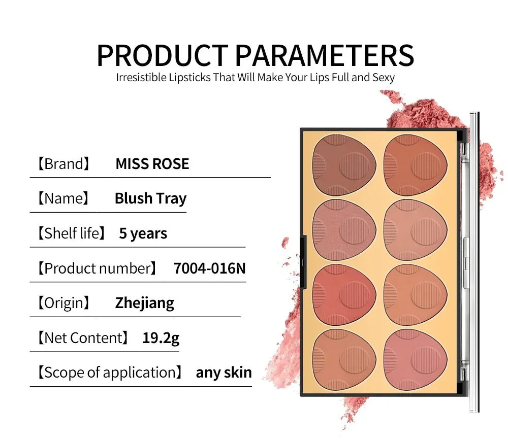 Miss Rose 8 Color Waterproof Matte Blush Palette Makeup Long Lasting Contour Blush Highlighter and Bronzer Flush Powder Cosmetic