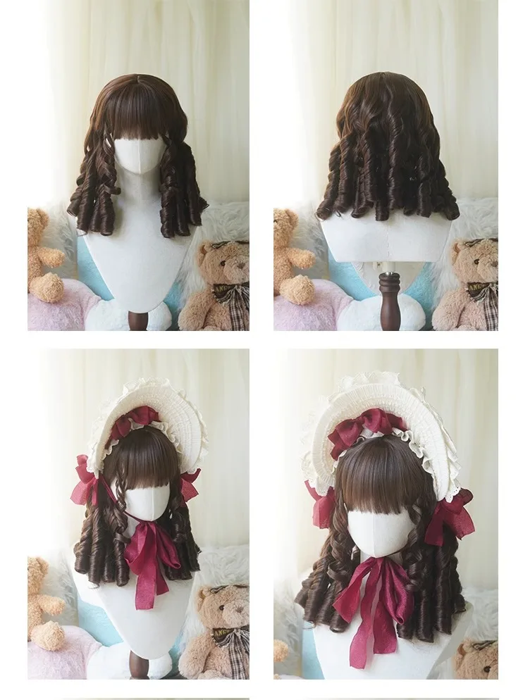 Synthetic Roman Roll Retro Princess Black Brown Golden Short Curly Hair With Bangs Lolita Anime Wig Oberl Woman Party CosplayWig