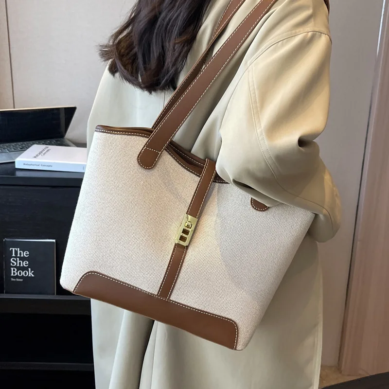 女性ファッション-ショルダーバッグ-カラーブロッキング-トートバッグ-ハンドバッグ-カジュアルで多用途-大容量-バケットバッグ-仕事-通勤用