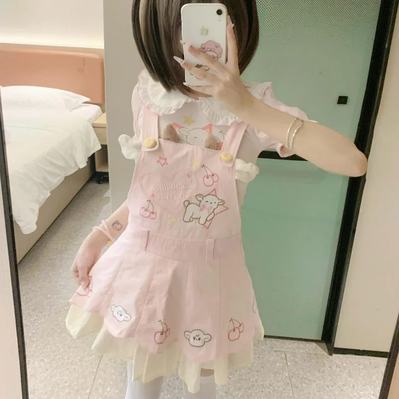 Japanese Sweet Lolita Style Dress Set Women Kawai Cartoon Sheep Embroidery Bow Strap Dress Suit White Peter Pan Collar Shirt Top