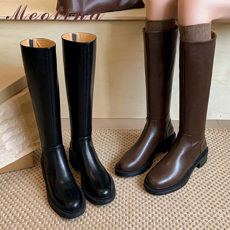 

Meotina Women Genuine Leather Knee High Boots Round Toe Thick Mid Heels Zipper Long Boot Ladies Fashion Shoes Autumn Winter 40