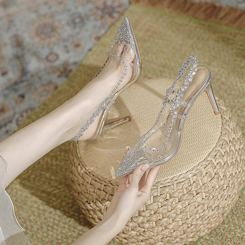 Pointed transparent rhinestone high heels for women in 2024, new slim heels, sexy and socialite temperament, wrapped sandals