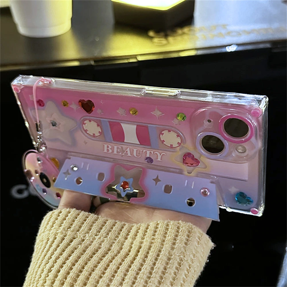 Retro Y2k 3D Tape Keychain Bracket Square Phone Case For iPhone 14 13 12 Pro Max 11 Stylish Kickstand Shockproof Soft Cover