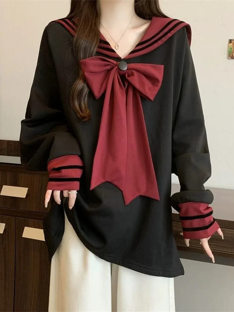 

Loose Long Sve Hoodie Women's plus Size Korean Sle Navy Collar Knot Spring Autumn Trendy Casual Comfortable Top