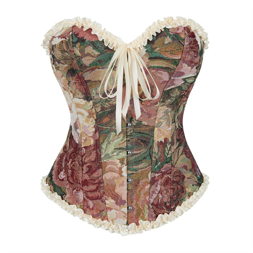 

Women's Corset Top Vintage Sexy Brocade Flower Print Lingerie Corselet Overbust Gothic Apricot Ruffled Lace Bustiers Corsets