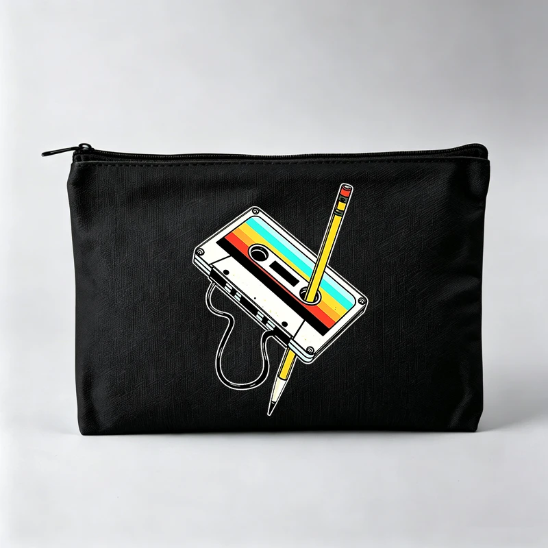 Women's Cassette Tape and Pencil Graphic Makeup Bag, Retro Style Cosmetic Pouch for Daily Use