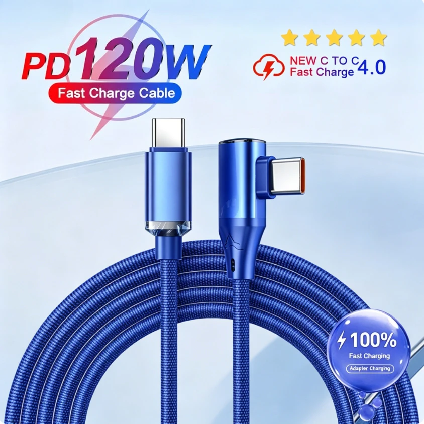 120W Elbow Type C To Type C Fast Charging Data Cable Quick Charger USB C Cord For Xiaomi iPhone Huawei Samsung Phone Charge Cord