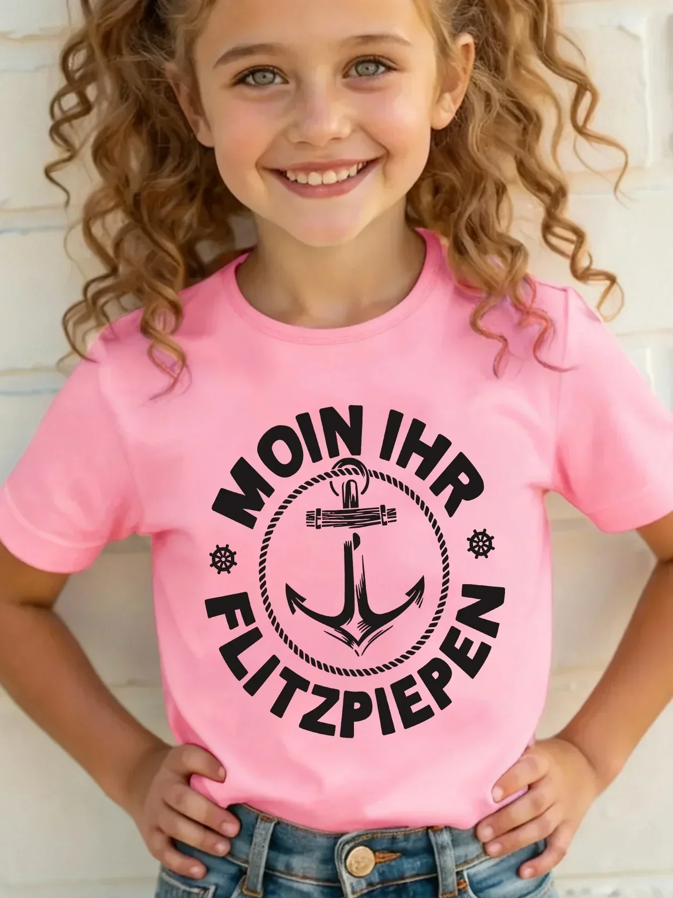Kids Fashion White Short Sleeve T Shirt Funny German Text Anchor Marine Element Print Girls Summer Basic Versatile Tee