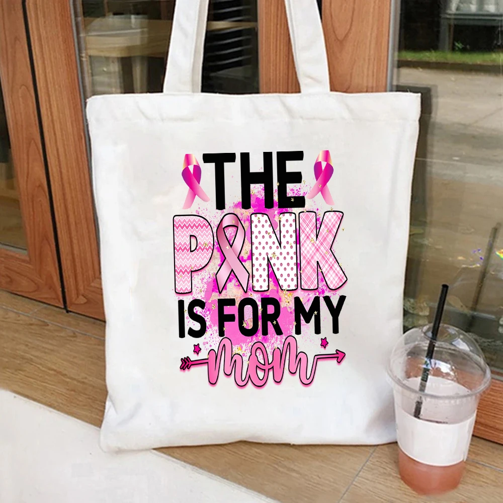 Sac fourre-tout en toile à ruban motif « The Pink Is For My Grandma », sac à bandoulière décontracté pour la famille, les œuvres caritatives et les courses en extérieur