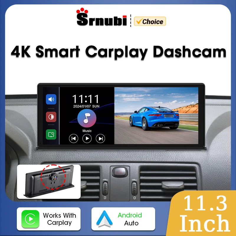 Srnubi 11. 3-calowy bezprzewodowy CarPlay i kamera samochodowa z systemem Android 4K DVR nawigacja na desce rozdzielczej wideorejestrator 24H Park