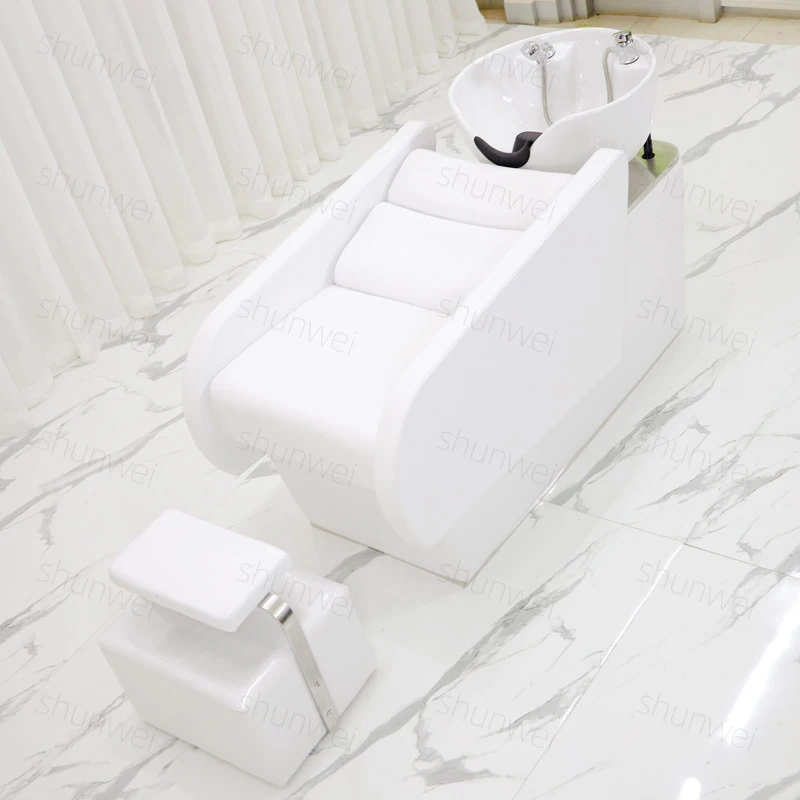 Semi-Reclining Shampoo Hair Salons, Washing Bed With Ceramic Basin And Massage Function Hairdressing Sho