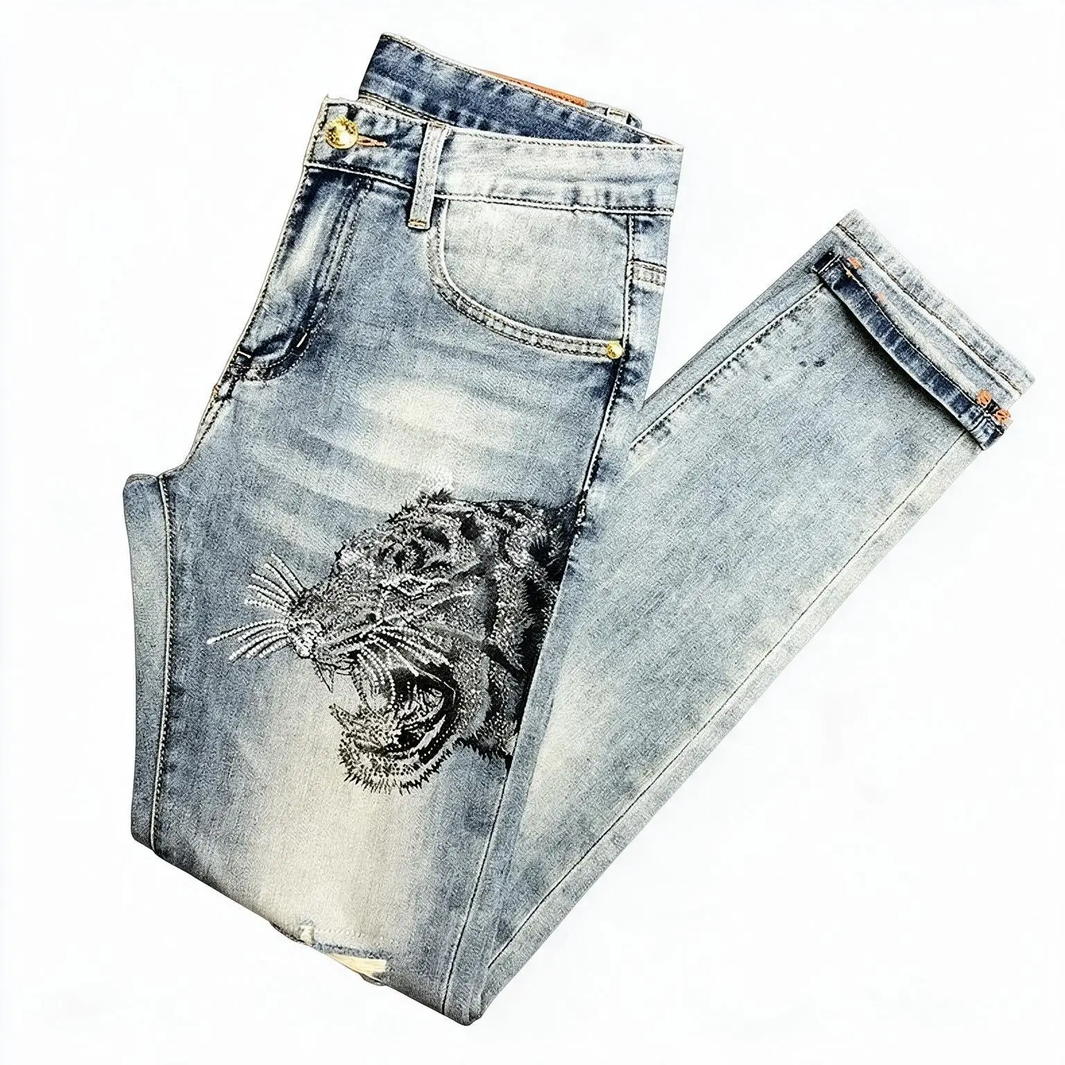 Spring and Autumn New Fashion Trendy Printed Straight Elastic Denim Trousers Men's Casual Slim Fit Comfortable Breathable Jeans