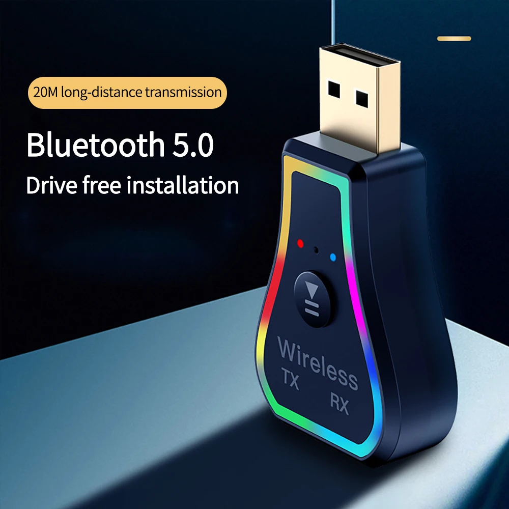 

USB Bluetooth-compatible 5.0 Dongle Adapter for PC Speaker Wireless Mouse Keyboard Audio RGB Light Bluetoot Receiver Transmitter