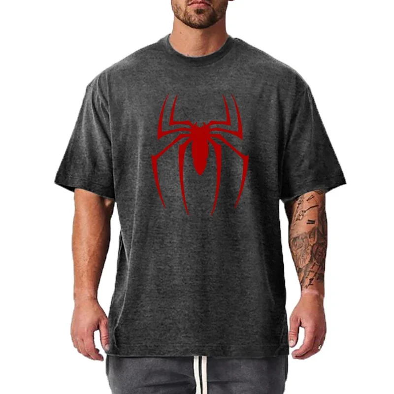 Red Spider Printed Gym Sport Clothing Fitness Oversized Loose Cotton Shirt Mens Hip Hop Short Sleeve Bodybuilding Muscle T-shirt