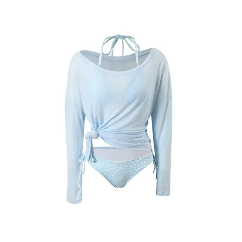 

Lace-up Women's Swimwear Set Mesh Transparent Sun Protection 4Pieces Bikini Swimsuit Loose Beachwear Long Sleeve Swimsuit