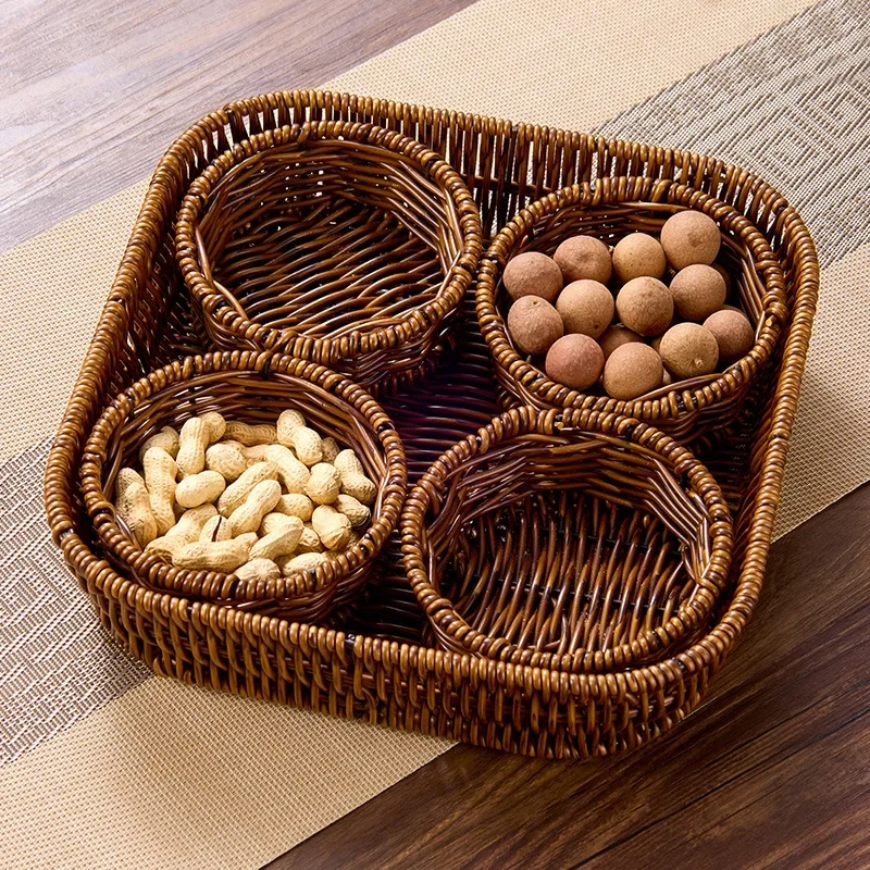 1 Set Woven Divided Dried Fruit Tray, Nut Candy Snack Serving Plate for Engagement Tea Ceremony Food Storage Organizer