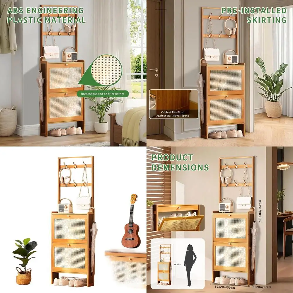 

Ultra Slim 20 Wide Shoe Cabinet with Hooks & Ventilated Drawers, Wooden Freestanding Organizer for Entryway, Hallway, Living Roo