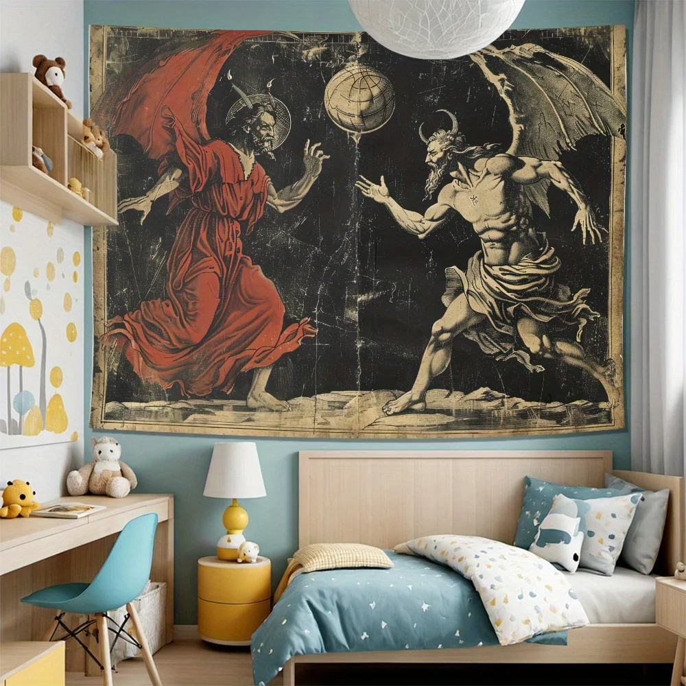 Dual Demon Battle Tapestry, Vibrant Polyester Wall Hanging with Easy Installation. Ideal for Living Room, Bedroom, Office, Hallo