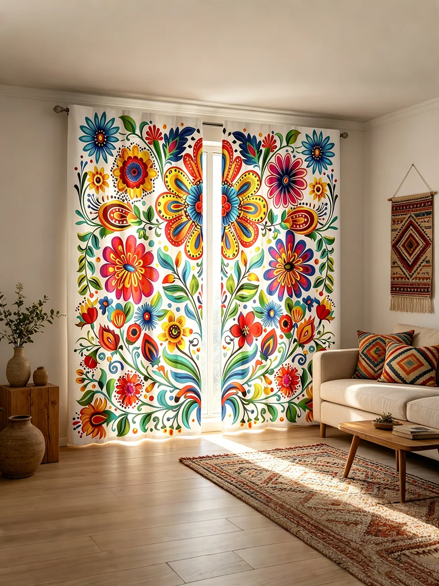 2PCS Digital Printed Curtains, Polish Folk Flower Pattern, Vibrant Ethnic Style for Living Room Bedroom Kitchen Home Decor