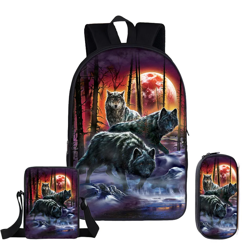 Trendy Popular Novelty wolf 3D Print 3pcs/Set pupil School Bags Laptop Daypack Backpack Inclined shoulder bag Pencil Case
