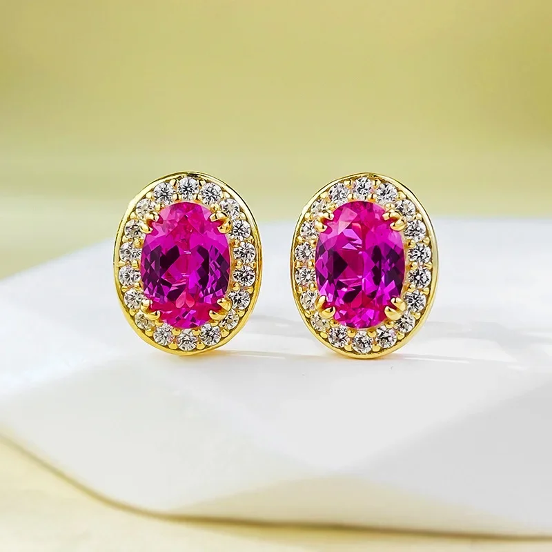 Karachi 925 Silver Plated Gold One Carat Oval Pink Steel Earrings Simple And Fashionable Versatile Jewelry