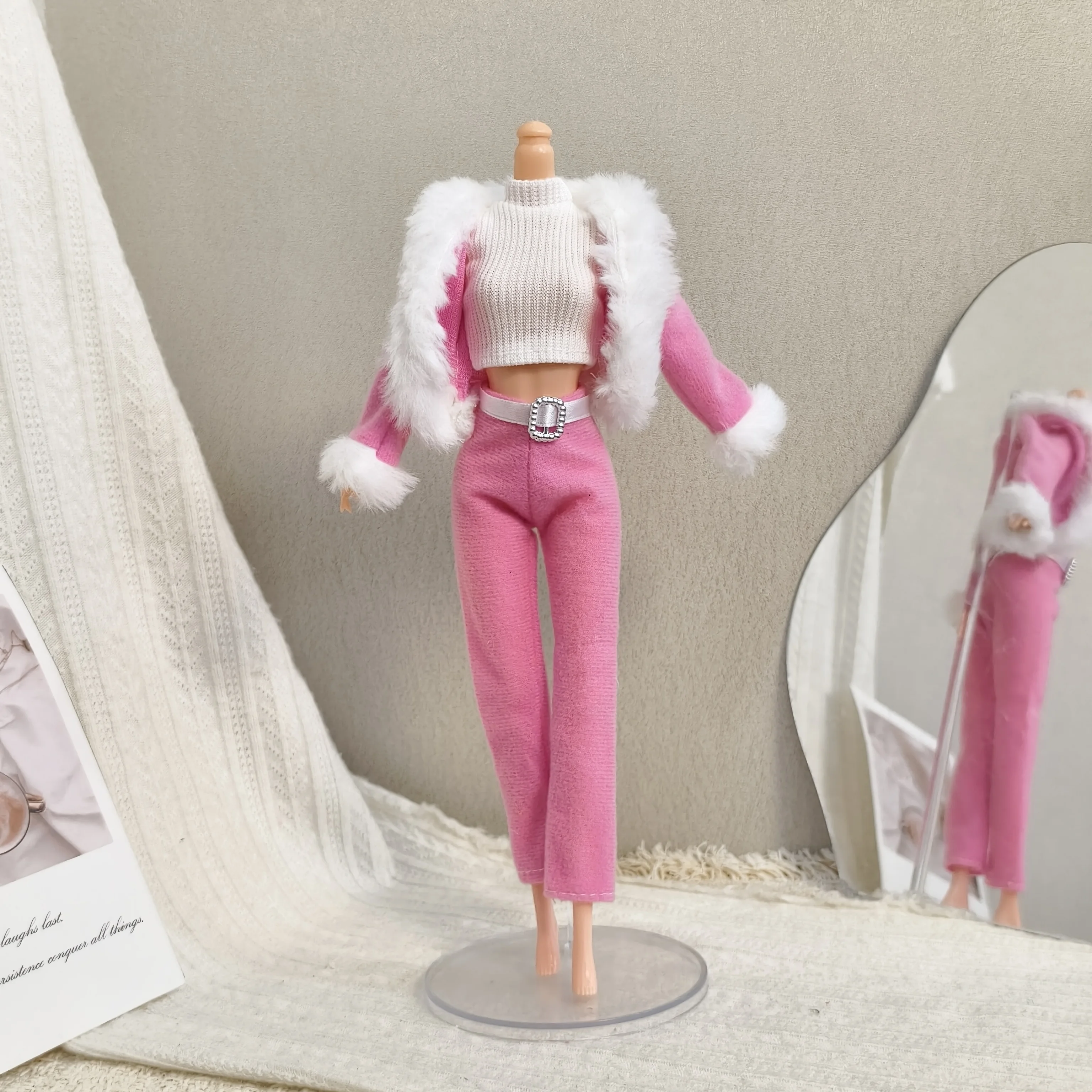 

Sweet Fashion Pink Plush Short Jacket+White Vest+Trousers Set / Retro Plaid Jacket For 1/6 Babi Supermodel Doll Clothes Parts
