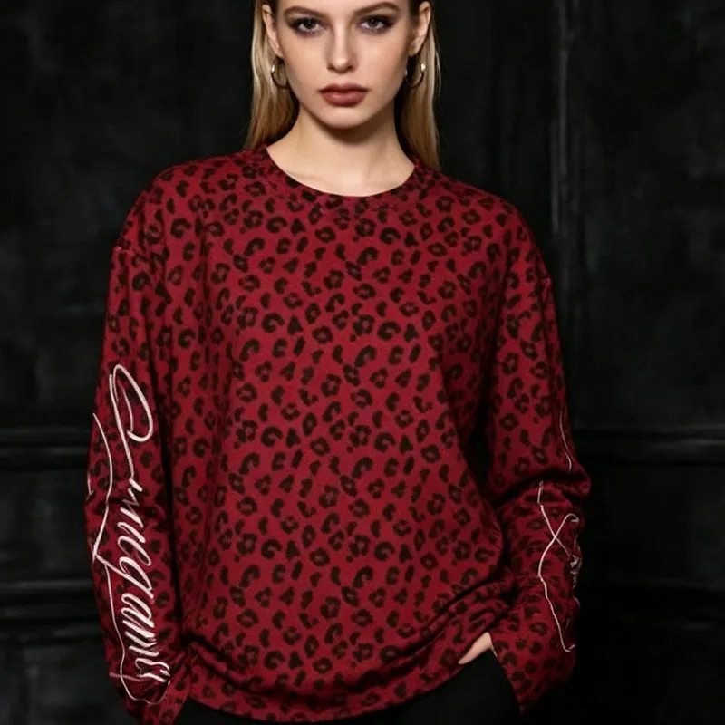 Retro Loose Leopard Print Double sleeves Letter Print Round Neck Casual Long Sleeved T-shirt American Trend Street Men's Women's