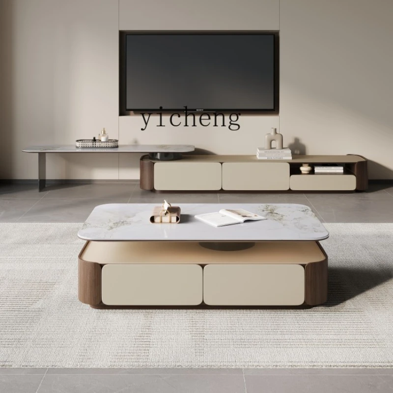 

Tqh Modern Simple Rotatable Rectangular Stone Plate Solid Wood Tea Table Retractable TV Stand