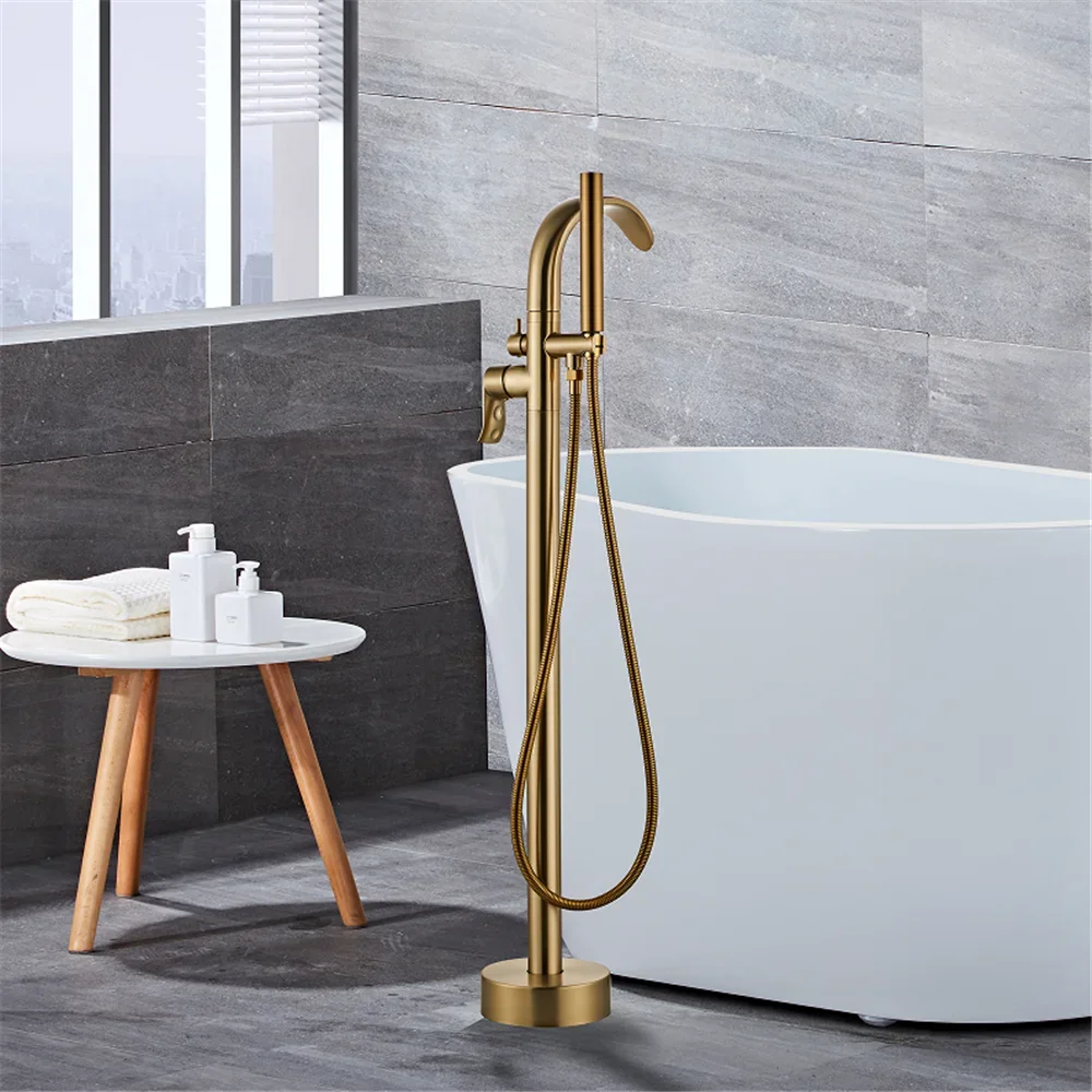 Black Bathtub Faucet Set Floor Decked Brushed Gold Brass Waterfall Bathtub Mixer Morden Style Gold Bathroom Taps