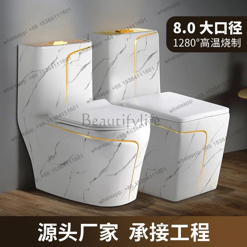 Foreign trade cross-border marble pattern gold thread siphon large diameter creative ceramic toilet