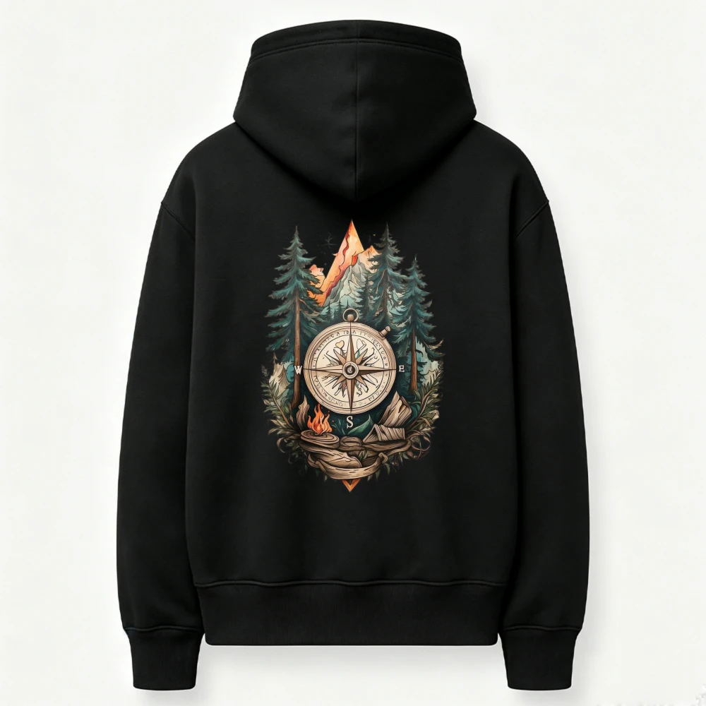 Vintage Compass Mountain Forest Camping Graphic Hoodie Outdoor Adventure Pine Tree Campfire Print Pullover Hooded Sweatshirt Top