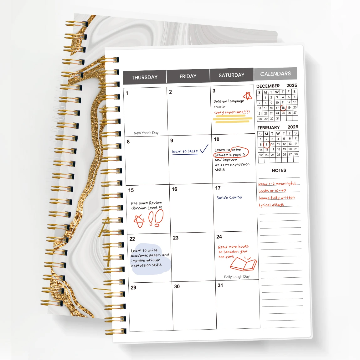 2026.1-2027.12 Agenda settimanale mensile Organizzatore accademico, elegante copertina in marmo dorato, calendario a spirale per la produttività del lavoro di studio