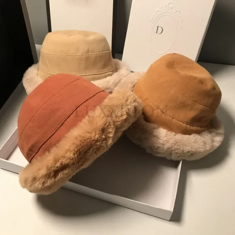 

Winter Women Faux Rabbit Fur Bucket Hat Sweet Warm Plus Velvet Soft Panama Hat Lady Outdoor Cycling Fisherman Fashion Casual Cap