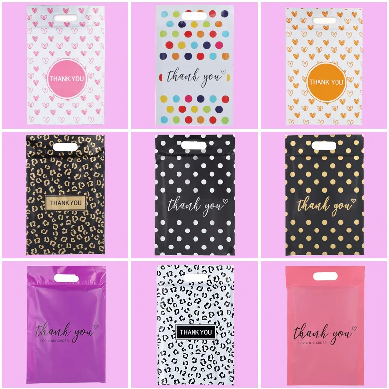 

100Pcs Thank you Courier Bag with Handle Pink/White Plastic Express Bags Dots/Leopard Print Totebag Logistics Shipping Envelope