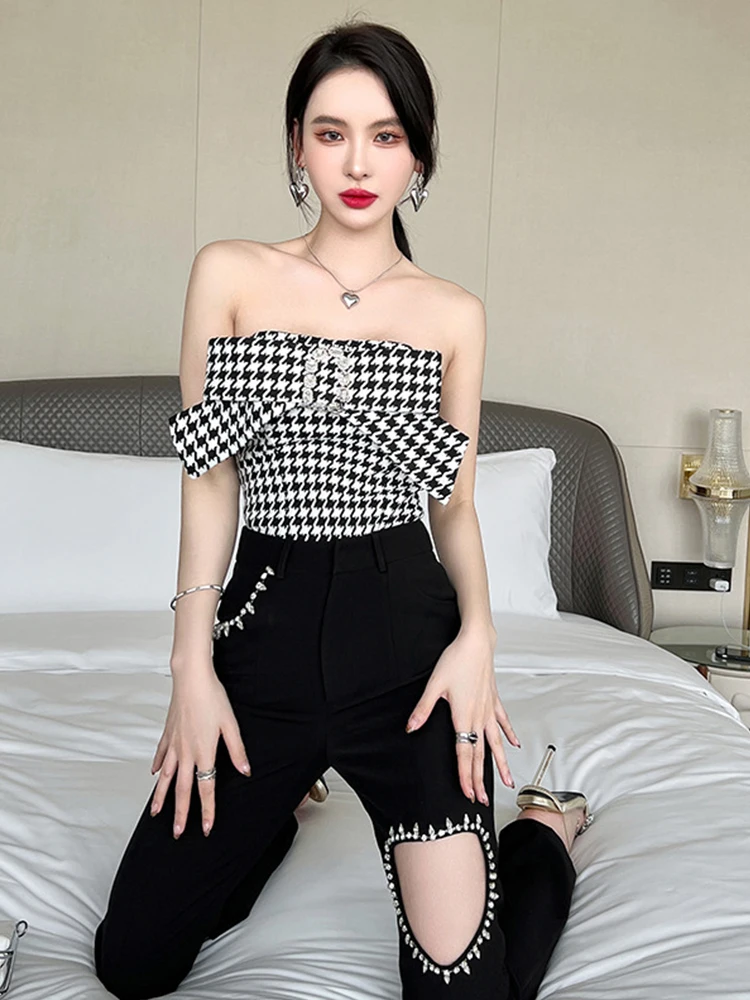 Spring Women's Sexy Fashion Houndstooth Tube Tops Off Shoulder Strapless Backless Bow Diamond Zipper Wrap Inner Match T-shirt