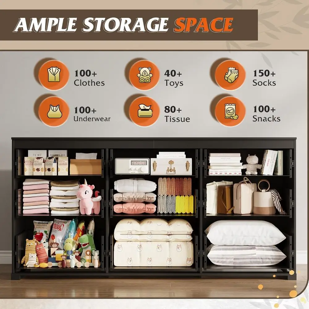 Cómoda grande de madera negra de 63 anchos para almacenamiento en dormitorio con asas de metal y toboganes con rodamientos de bolas