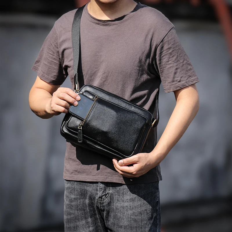 Luokir Mannen Echt Lederen Crossbody Tas Casual Mode Eerste Laag Koeienhuid Rits Schouder Messenger Bags Voor 8 Inch Ipad