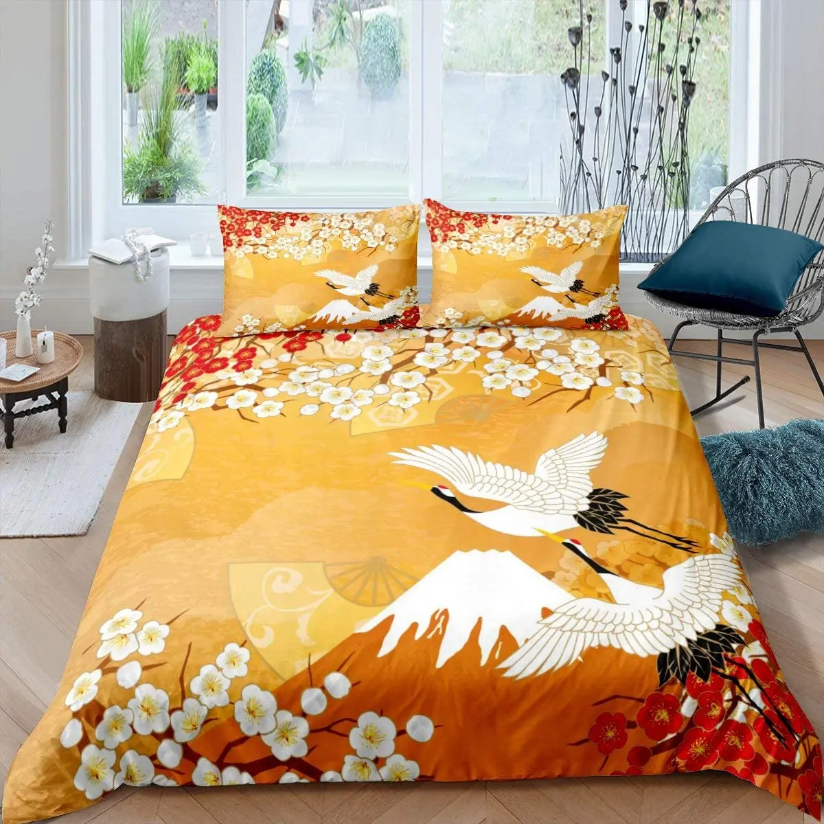 

Yellow Duvet Cover Cherry Blossom Floral Bedding Set Twin Size for Teens Kids Bedroom Decor Chic Luxury Mountain Comforter Cover