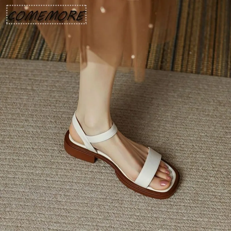 Letnie sandaลy damskie na niskim obcasie Basic PU Leather Office Ladies Casual Outdoor Shoes Fashion Elegant Woman Peep Toe Concise 2024
