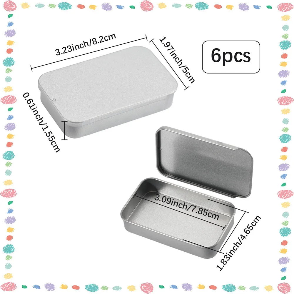 6Pcs 3 x 2 x 0.6 Inch Slide Top Tin Box Metal Slide Containers Silver Small Mini Empty Rectangular Trinket Lid Tinplate Hinged
