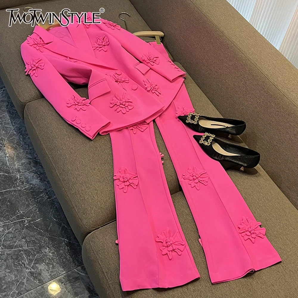 

TWOTWINSTYLE Casual Solid Two Piece Sets For Women V Neck Long Sleeve Top High Waist Pants Chic Set Female Fashion New YJA106901