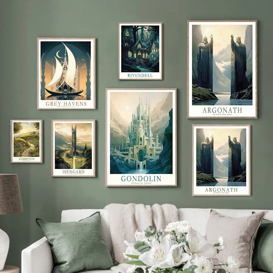 1pc Frameless Ring Middle-Earth Retro Travel Poster Dark Forest or Tank Tower Movie Wall Art Canvas Painting Nordic Poster Livin