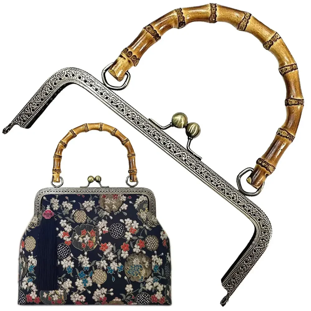 10PCS 20.5cm Metal Purse Frame with Natural Bamboo Handle Bead Kiss Clasp Purse Frame Handbag Sewing Bracket Closure DIY Bags
