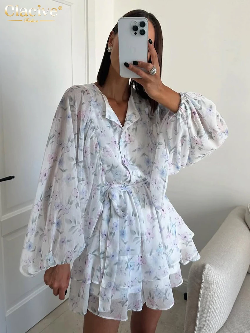 

Clacive Fashion Loose Print Women's Dress 2026 Casual Lapel Puff Sleeve Mini Dresses Elegant Classic Pleated Female Dress