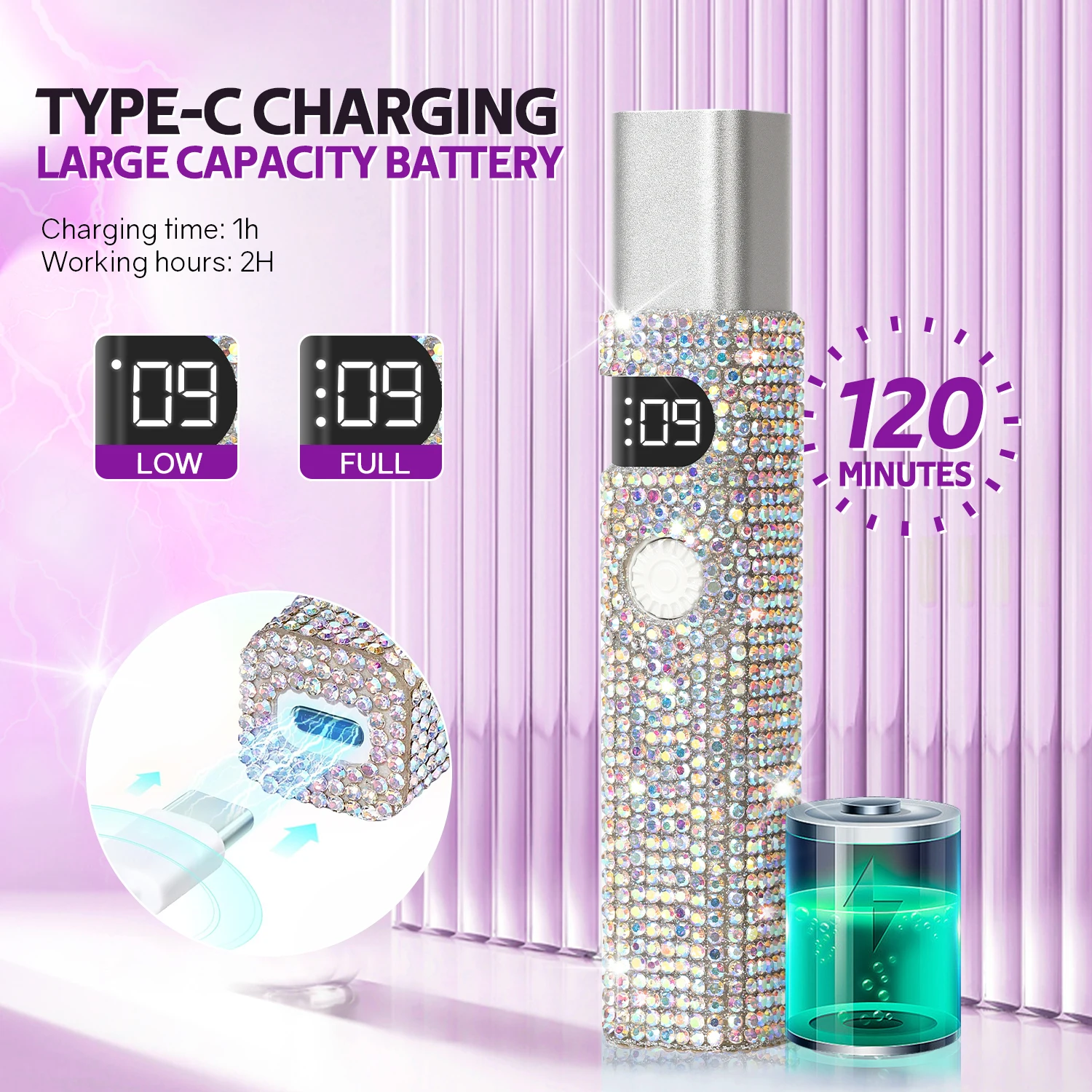 مصباح أظافر محمول بالأشعة فوق البنفسجية مع أحجار الراين اللامعة وشاشة عرض الوقت LCD وعدسات محدبة 5X للعلاج السريع