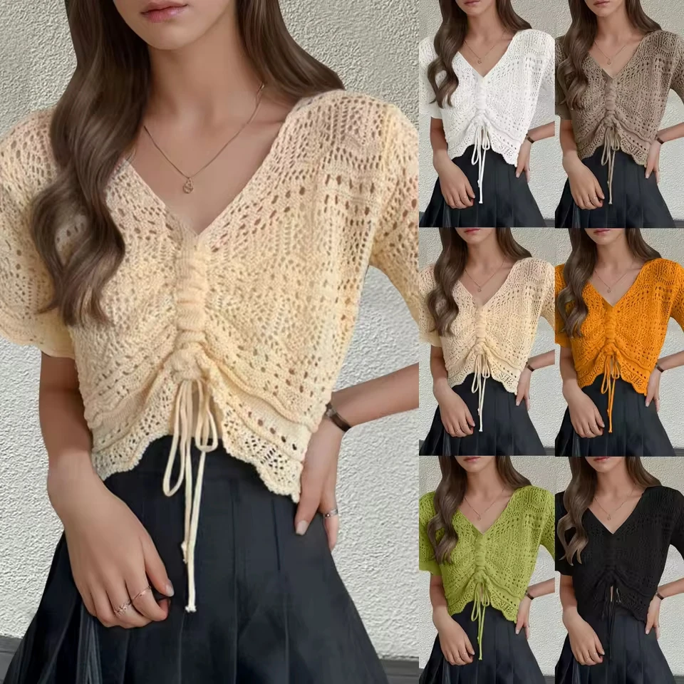 

Women Crochet Top Beach Cloth Drawstring Shirt Cover Up Sexy Beachwear Lace Up Shirt Triangle Bathing Suit For Women