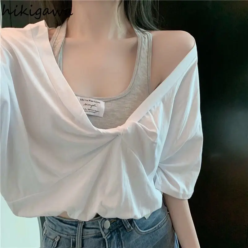 2024 Ropa Mujer Oversized T Shirts Y2k Tops Women's Clothes Patchwork Fake Two Tees Off Shoulder Casual Fashion Cropped Tshirt